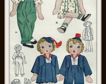 Vintage Cloth Doll Pattern - Twins Janie And Johnny - 11 1/2 Inches High - Outfits Included - On PDF