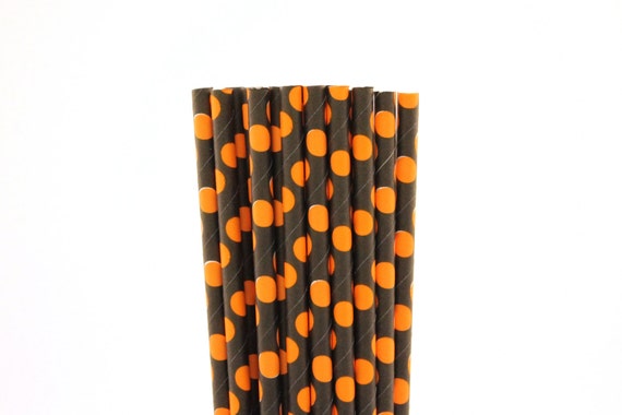 Black with Orange Polka Dot Paper Straws-Polka Dot Straws-Orange Straws-Black Straws-Halloween Party Straws-Jack O Lantern Party-Paper Straw Il_570xn