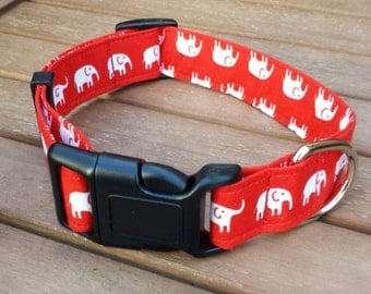 Dog Collar - Red and White Elephant Fabric