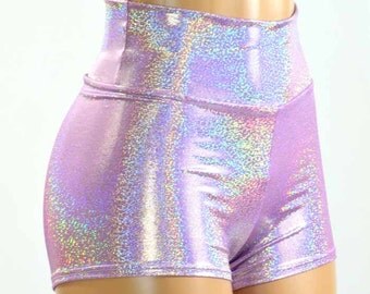 High Waist Lilac Purple Holographic Metallic Spandex Shorts Festival Rave Clubwear 150951