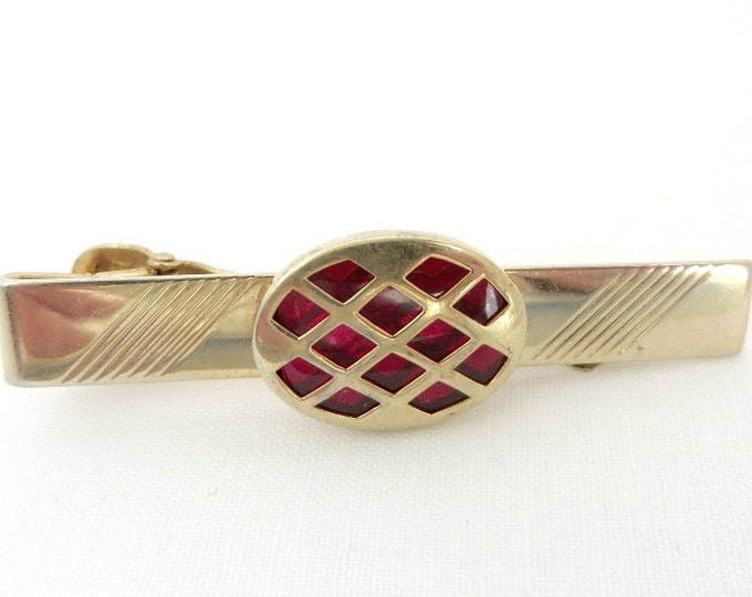 Anson Tie Clasp, Red Stone Tie Clip, Vintage Tie Bar, Gold Tone Tie Clip, Men's Suit Accessory