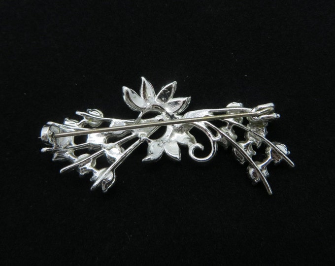 AB Rhinestone Flowers & Feathers Brooch, Vintage Silver Tone Pastel Pin