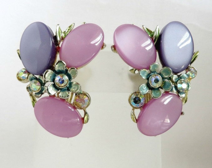 BSK Pink Purple Thermoset Earrings, Vintage Estate Flower Earrings, Signed Designer Costume Jewelry Clip ons