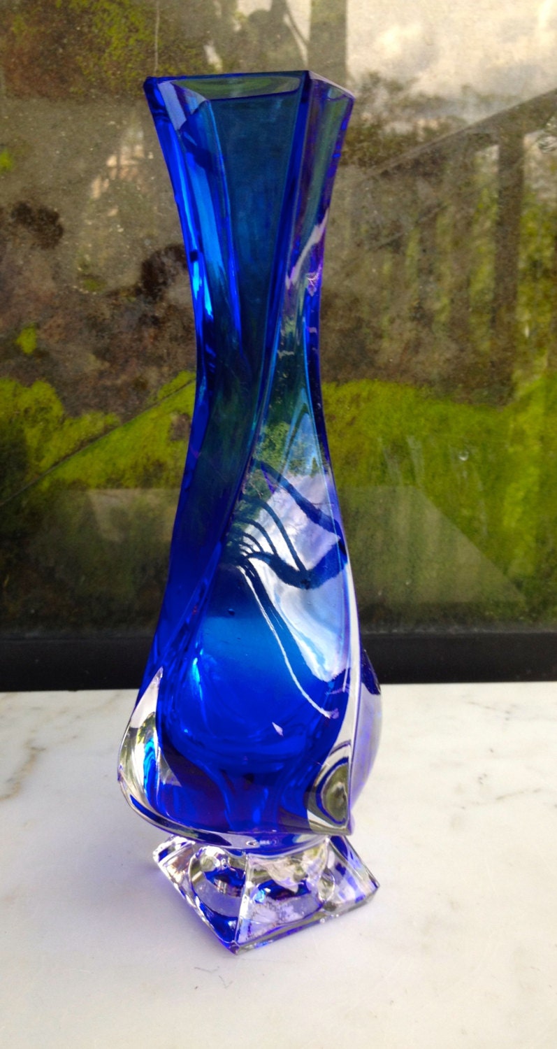 blue crystal vase heavy clear blue glass swirl vase 9 x