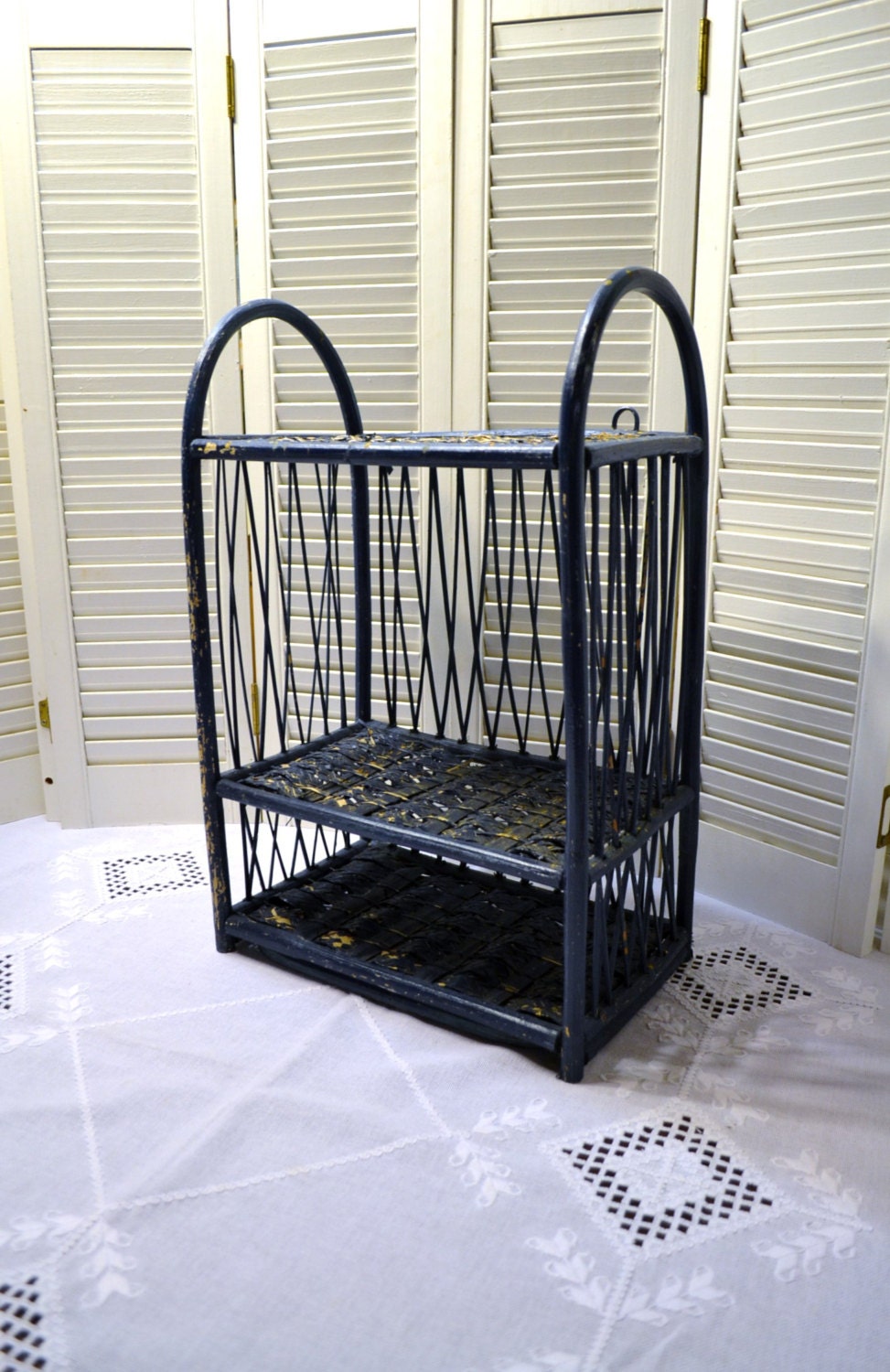 Vintage Wicker Shelf Wall or Standing Blue Towel Rack ...