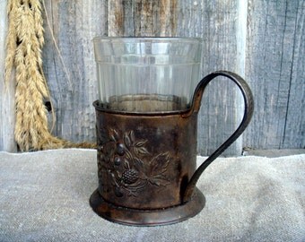 Vintage rare and old USSR Soviet era glass holder (podstakannik) and glass GRANJONKA Kitchen decor Serving gift