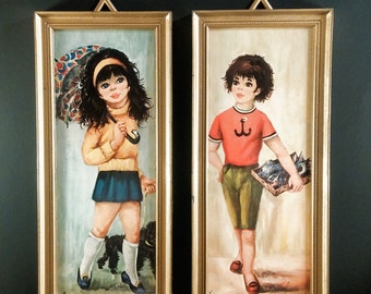 Big Eye Prints. Girl with Poodle and Umbrella and Boy with Fish. Set of 2 Made in Italy Framed Lithographs. Kitsch. Child's Room Decor.