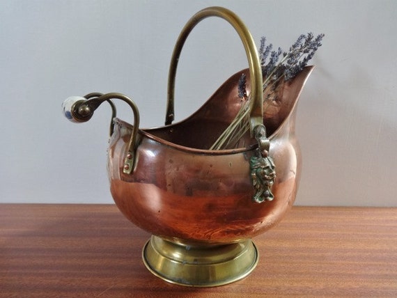 Seau à Charbon Ancien En Cuivre Et Laiton – Style Antique, Objet Déco Industriel Ou Rustique