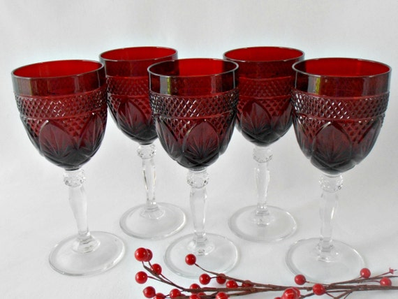 Ruby Red Glassware Cristal Darques Durand Glassware Antique Pattern Wine Glasses Water Goblet 