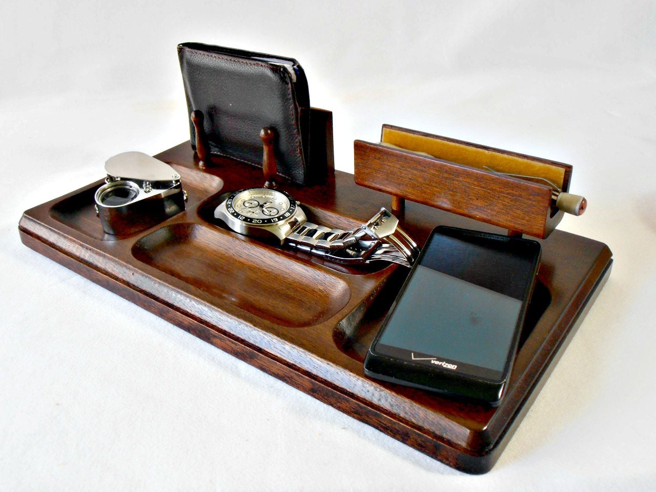 Vintage Dresser Valet Walnut Wood Accessory Caddy Mid