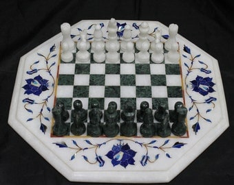 Marble chess board handmade semiprecious stone inlay Side table top with complimentary chess set