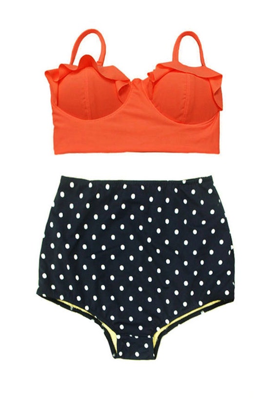 Orange Midkini Top and Navy Blue Polka dot by venderstore on Etsy