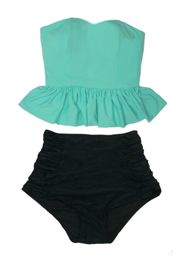 Mint Strapless Long Peplum Top and Black Ruched Rouched High