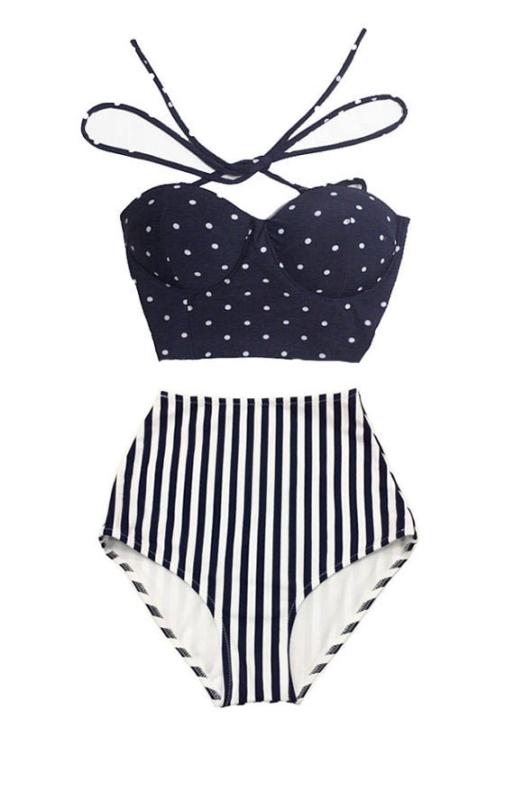 Navy Blue Polka dot Midkini Top and Stripe Striped High