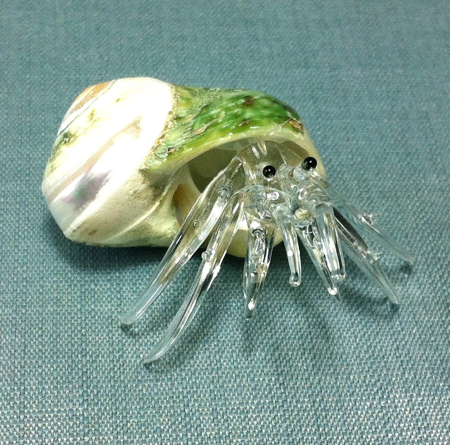 Hand Blown Glass Hermit Crab Sea Shellfish Animal Green White