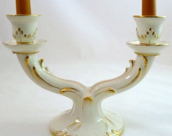 Vintage Candle Holder VON SCHIERHOLZ Dresden, Germany Fine Porcelain Hand-Painted Duo Candlestick Holder Gold Trim - Excellent Condition!