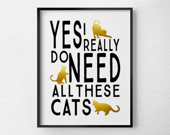 Cat Art, Cat Print, Cat Decor, Cat Lover Gift, Pet Art, Pet Decor, Typography Poster, Black and Gold Decor, Cat Poster, Faux Gold Foil, 0390