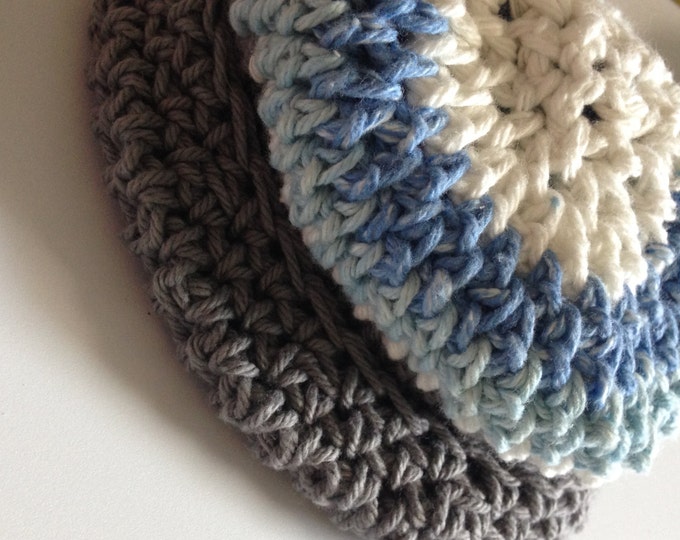blue, grey & white crochet cap size 3 months
