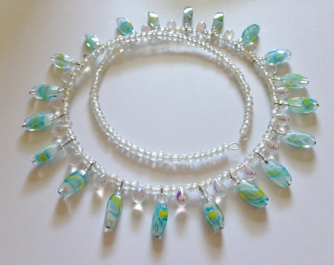 light blue and yellow bead with teardrops memory wire necklace