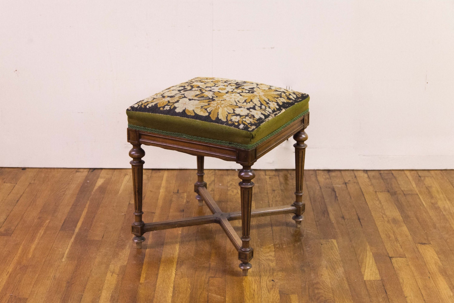 French Walnut Needlework Stretcher Bench with Petit Point Birds and ...