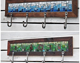 Four Hook Custom Coat Rack, Mosaic Coat Rack, Hand-forged Entryway Coat Hooks, Wall Coat Rack, Reclaimed Wood Frame