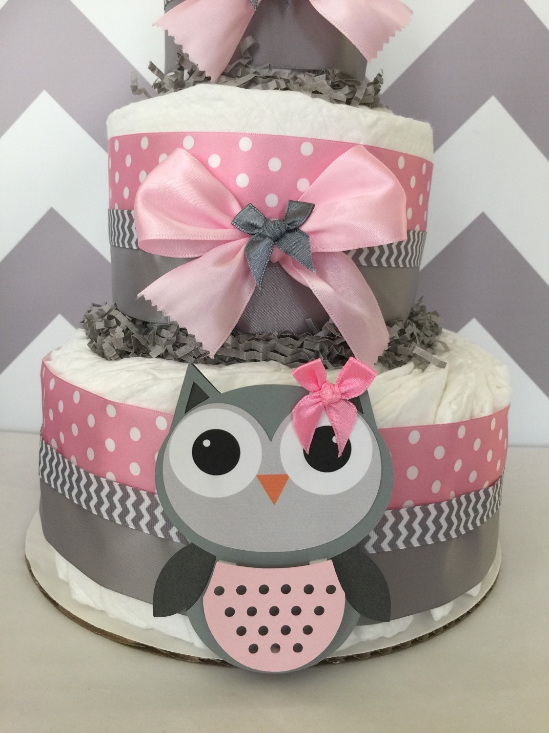 Owl Baby Shower Diaper Cake in Pink and Grey/Owl Baby