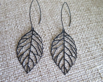 black earrings, long earrings, leaf earrings, dark earrings, modern earrings, lightweight earrings, black leaf earrings, goth earrings, gift