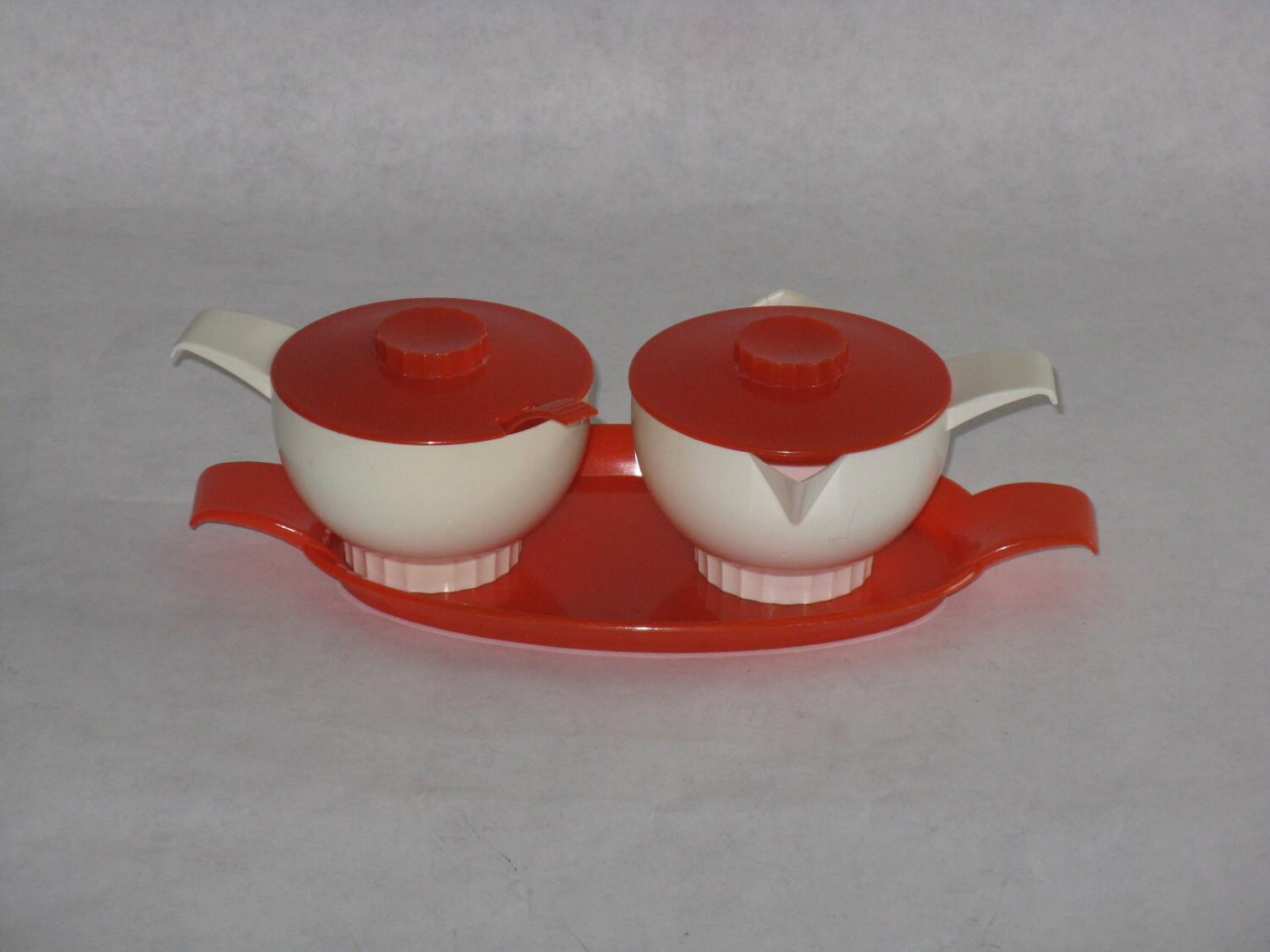 Vintage creamer and sugar bowl set with tray and spoon red orange white