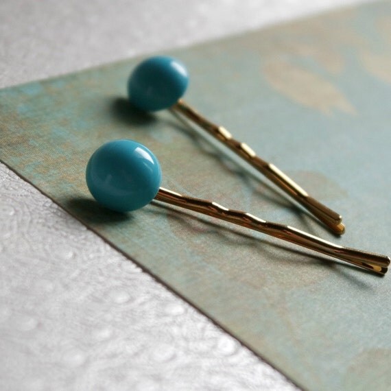 Turquoise Lucite Decorative Bobby Pins Gold Plated by CallunaMuse