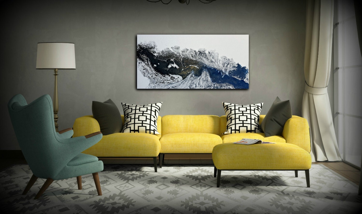 Black and White Painting 24 x 48 Acrylic Painting Canvas Art