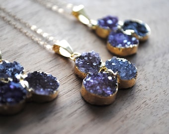 Raw Gold Druzy Necklace - Gold Dipped with 18" Delicate 14k Gold Filled Chain, Drusy Necklace, Triple Druzy, Amethyst Druzy Necklace