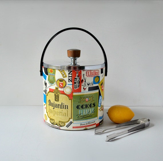 Vintage ice bucket with liquor label print by TheGoldGator on Etsy
