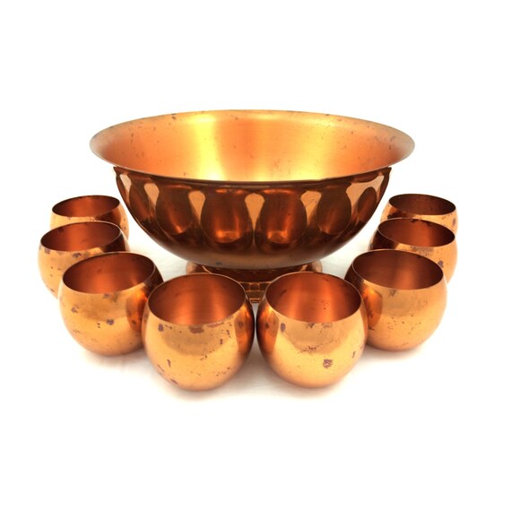 Vintage Copper Punch Bowl Set with 8 Roly Poly by PrimaTreasures