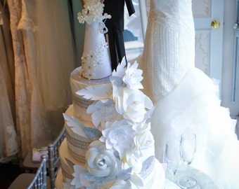 Paper Wedding Cake Topper - bride and groom with 20 paper flowers for your wedding cake