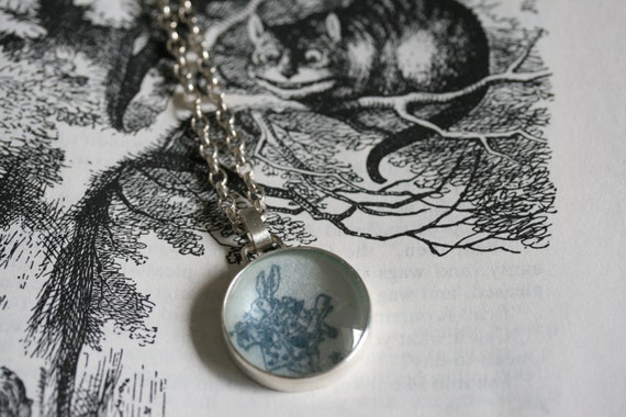 Alice in Wonderland, Rabbit pendant, Enamelled Silver Necklace