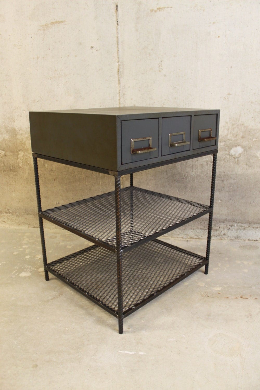 Side Table Vintage Three Drawer Grey Card by nakedMETALstudio