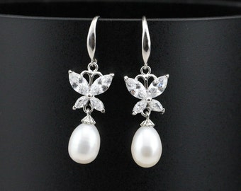 Pearl earrings bridal,drop pearl earings,butterfly earrings,genuine pearl earrings wedding,bridesmaid pearl earrings,crystal earrings