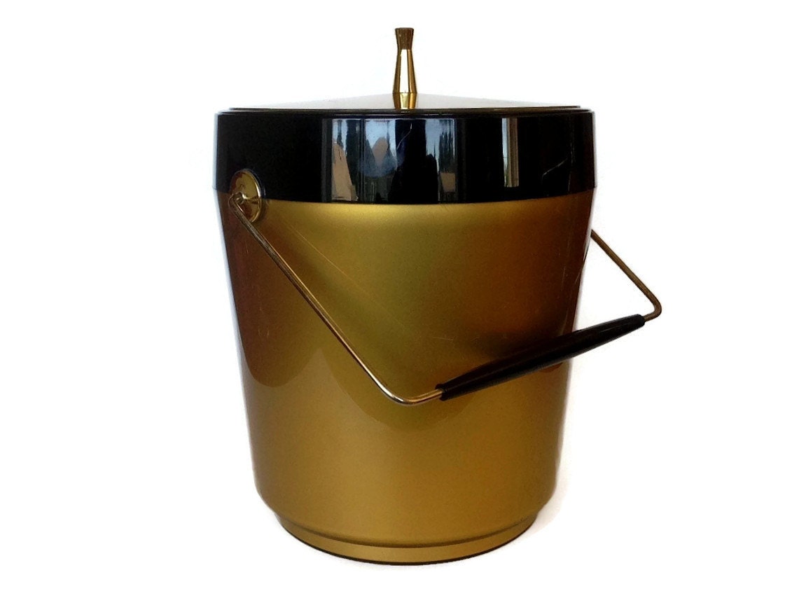 Mid Century Ice Bucket Gold Black Plastic Brass Handle