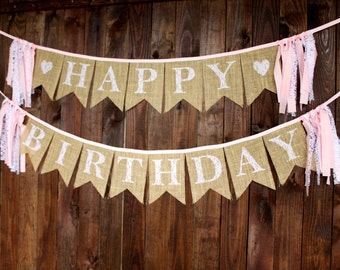 Pink & Lace First Birthday Party Decorations Happy Birthday Banner for Baby Girl Cake Smash Photo Prop Reusable Burlap Pennant Bunting Sign