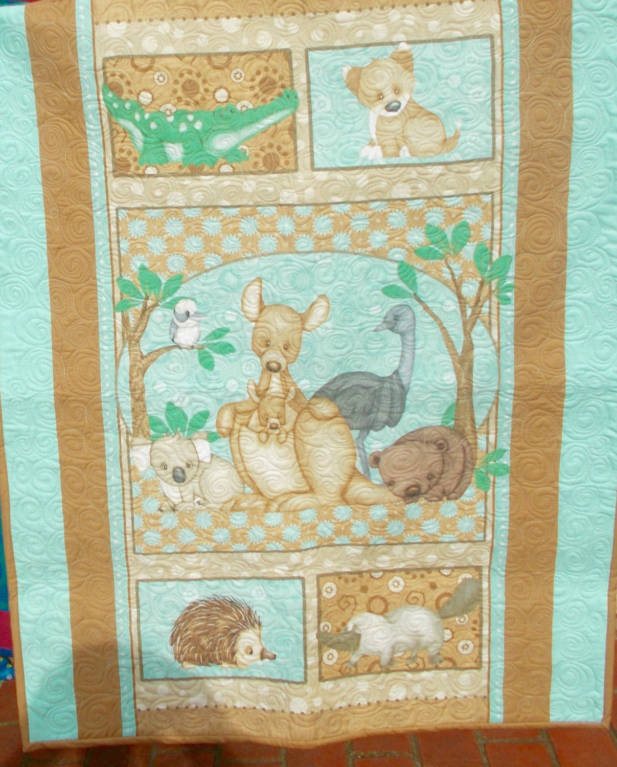 Baby Cot Quilt 'Outback' delightful fabric depicting