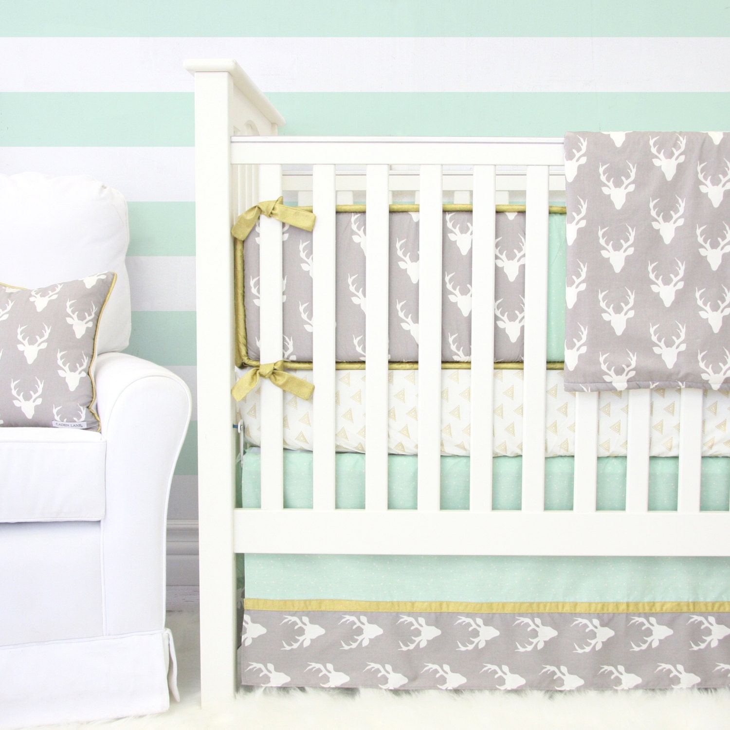 Woodland Deer Designer Baby Bedding Boy Crib Set Mint