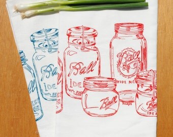 Mason Jar Towel Set of 2 - Red and Teal Prints - Screen Printed Cotton Flour Sack Towel - Unique Wedding Gift or Housewarming Gift