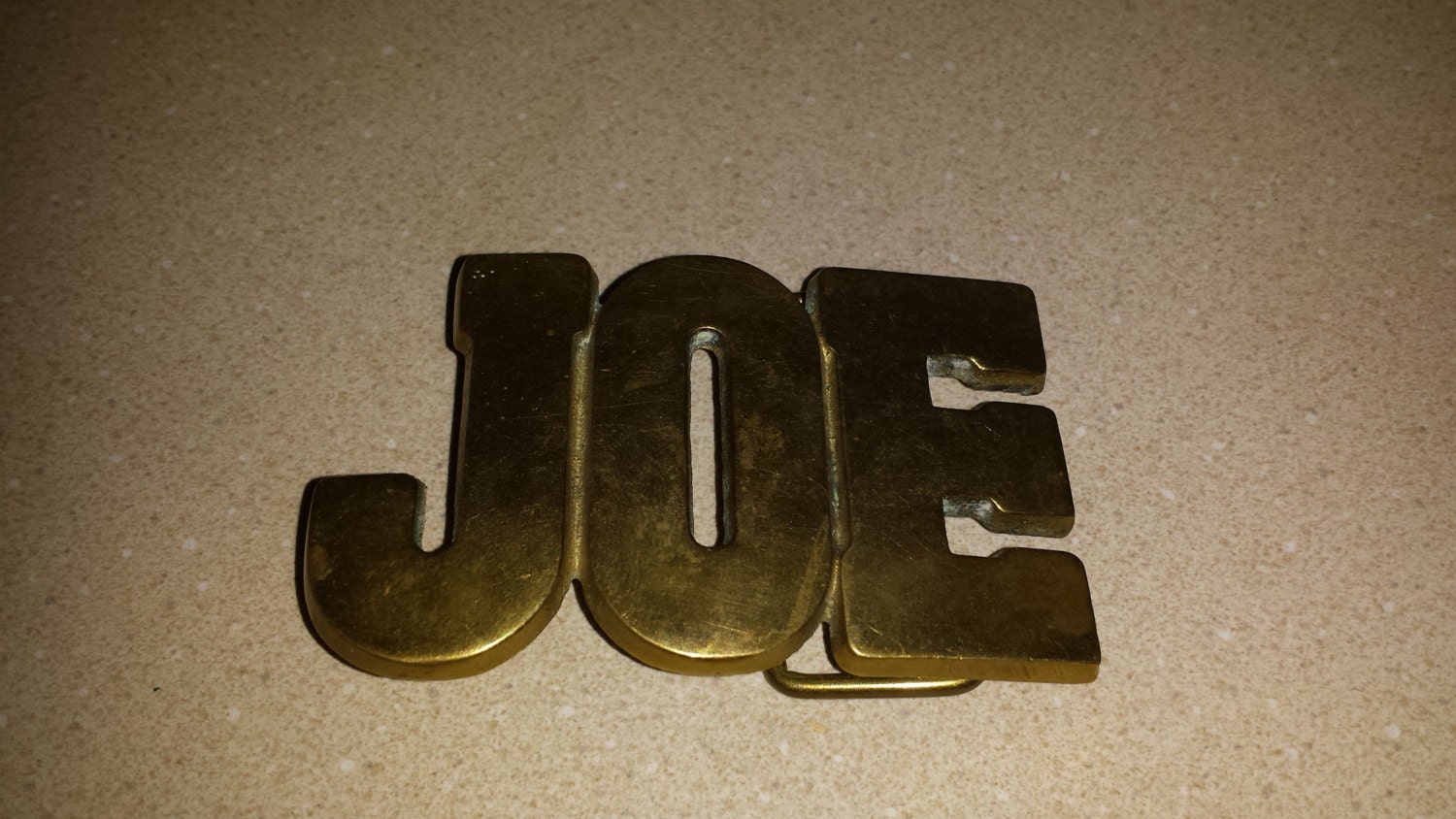 Vintage Brass ‘JOE’ Belt Buckle. 1 7/8″ x 3 1/8″ Cool! Haute Juice