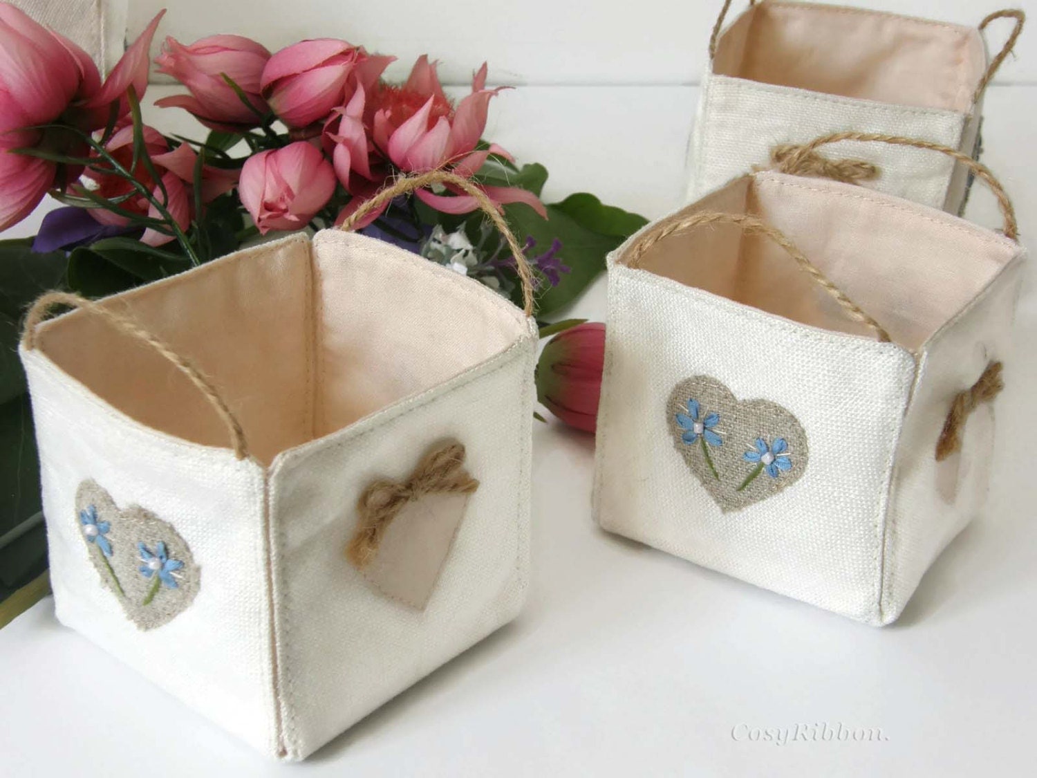 Mini Linen Storage Basket Wedding Table Basket by cosyribbon