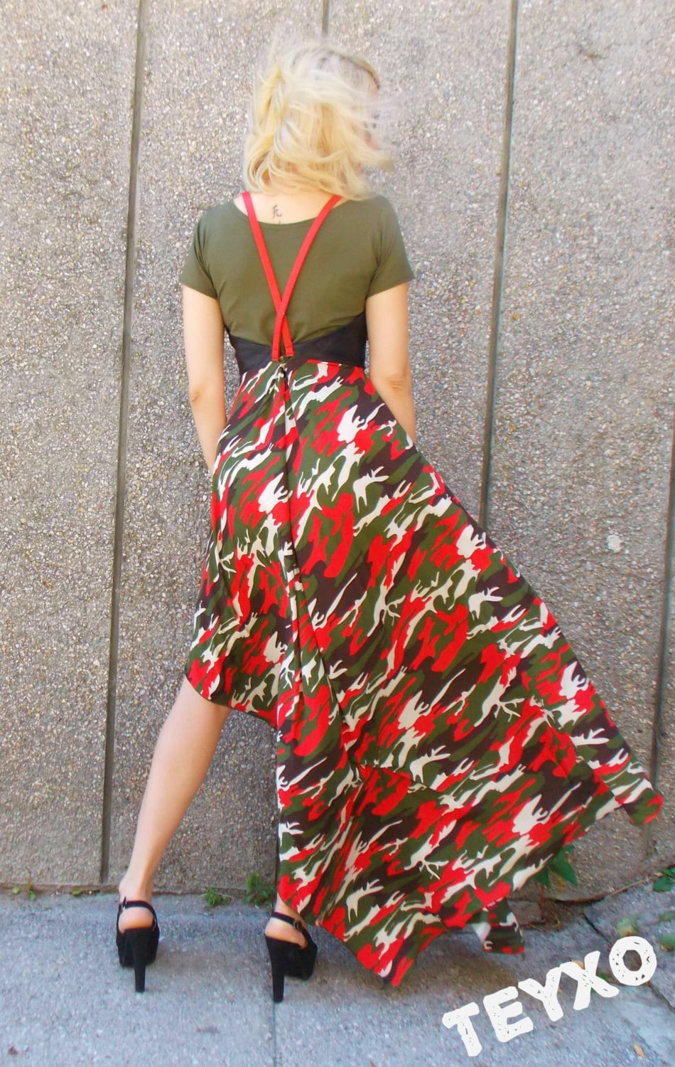 Camo Maxi Dress / Camouflage Dress with Eco Leather by Teyxo