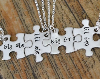 Sibling Necklace, Puzzle Piece Necklace, Brother Sister gifts, Hand Stamped, Personalized