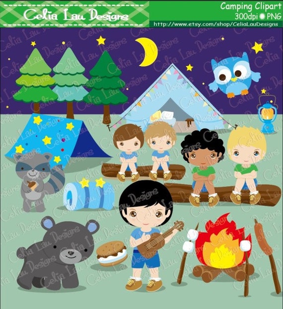 Boy Camping party Camp out party and forest animal clip art