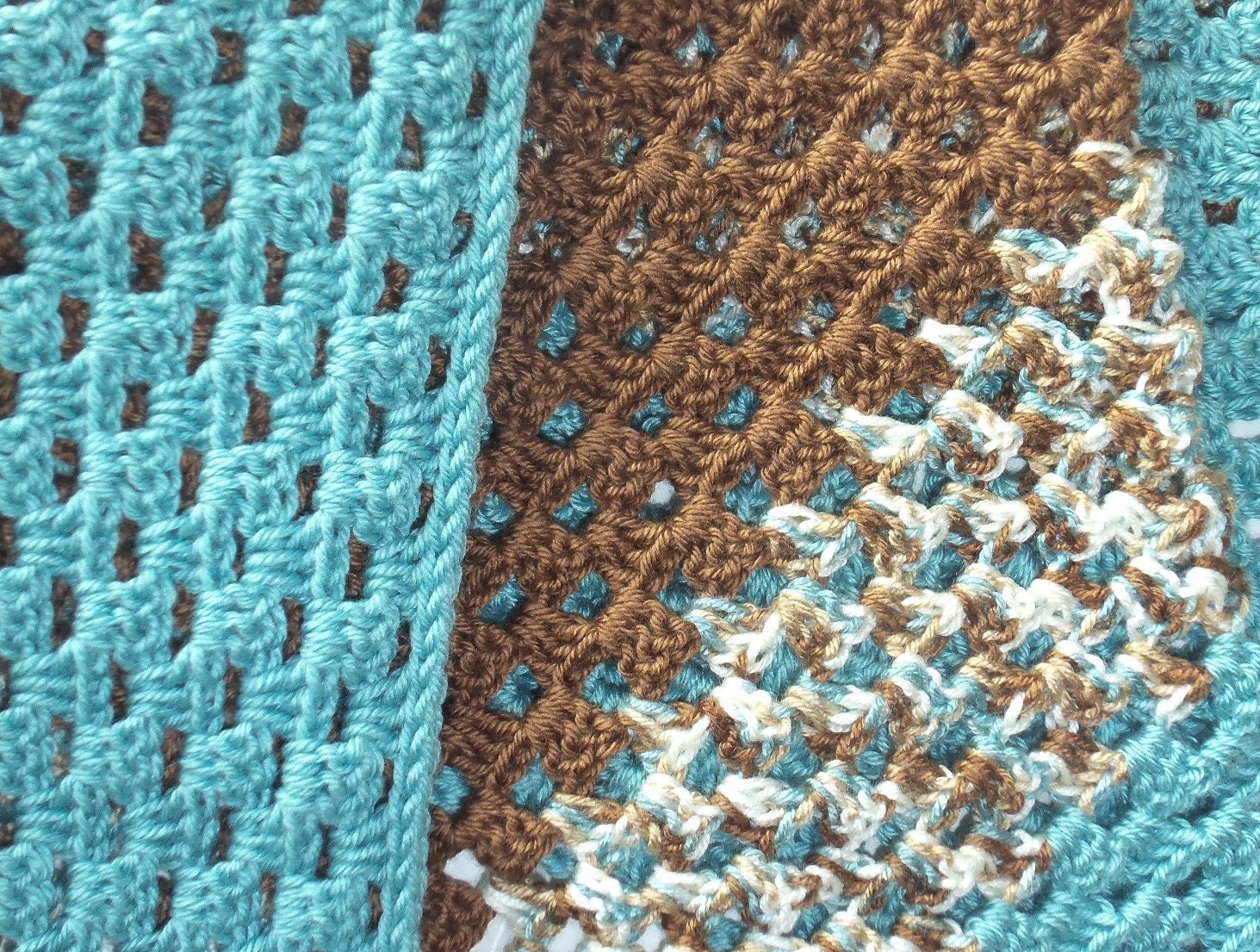 Afghan Crocheted Variegated White Seafoam Blue Toast 30