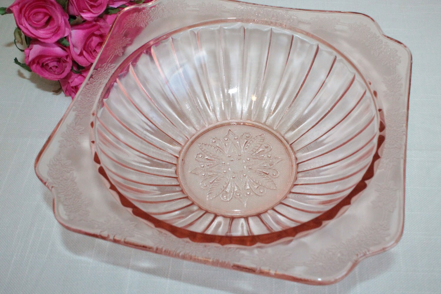 Pink Depression Glass Square Bowl Adam Pattern