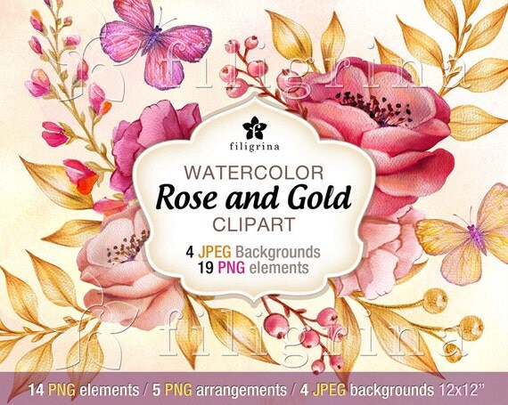 Items similar to Rose Gold Flowers WATERCOLOR CLIPART ...